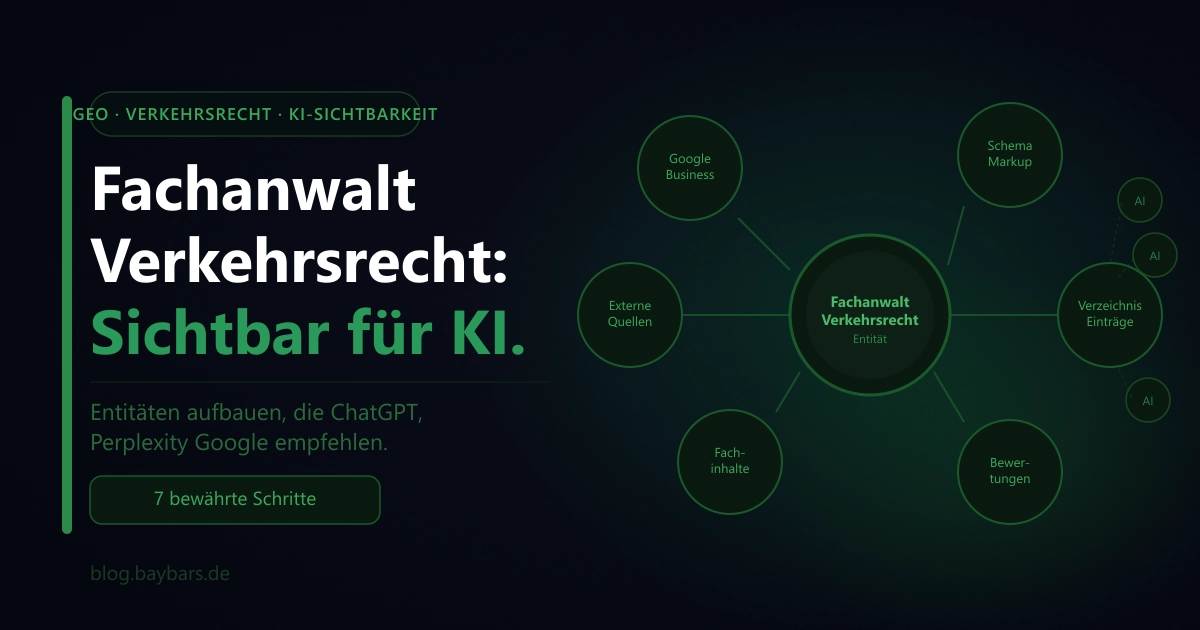 Das Bild visualisiert das Entitäten-Konzept direkt: Der zentrale Knoten „Fachanwalt Verkehrsrecht" ist mit sechs Satelliten-Entitäten verbunden – Google Business, Schema Markup, Verzeichnisse, Bewertungen, Fachinhalte und externe Quellen. Die kleinen AI-Knoten rechts zeigen, dass diese Entitäten am Ende von KI-Systemen ausgewertet werden. Das erklärt das abstrakte GEO-Konzept auf einen Blick, ohne ein Wort zu lesen – und macht das Bild auch standalone auf LinkedIn verständlich.